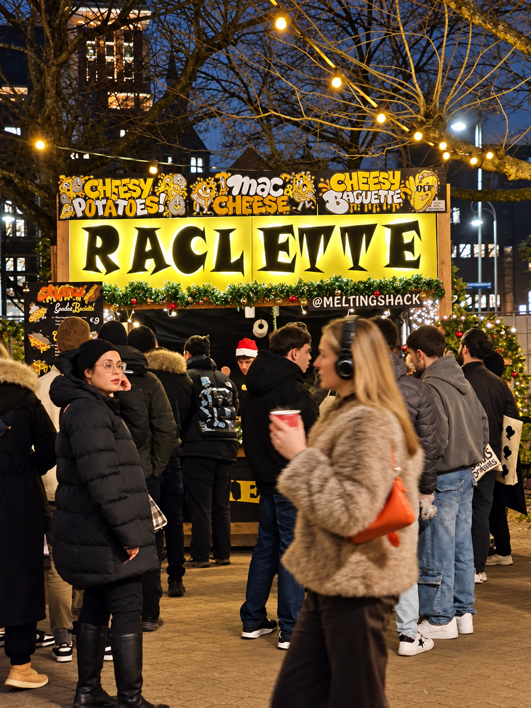 The lit Raclette stall at a winter market with a crowd under string lights