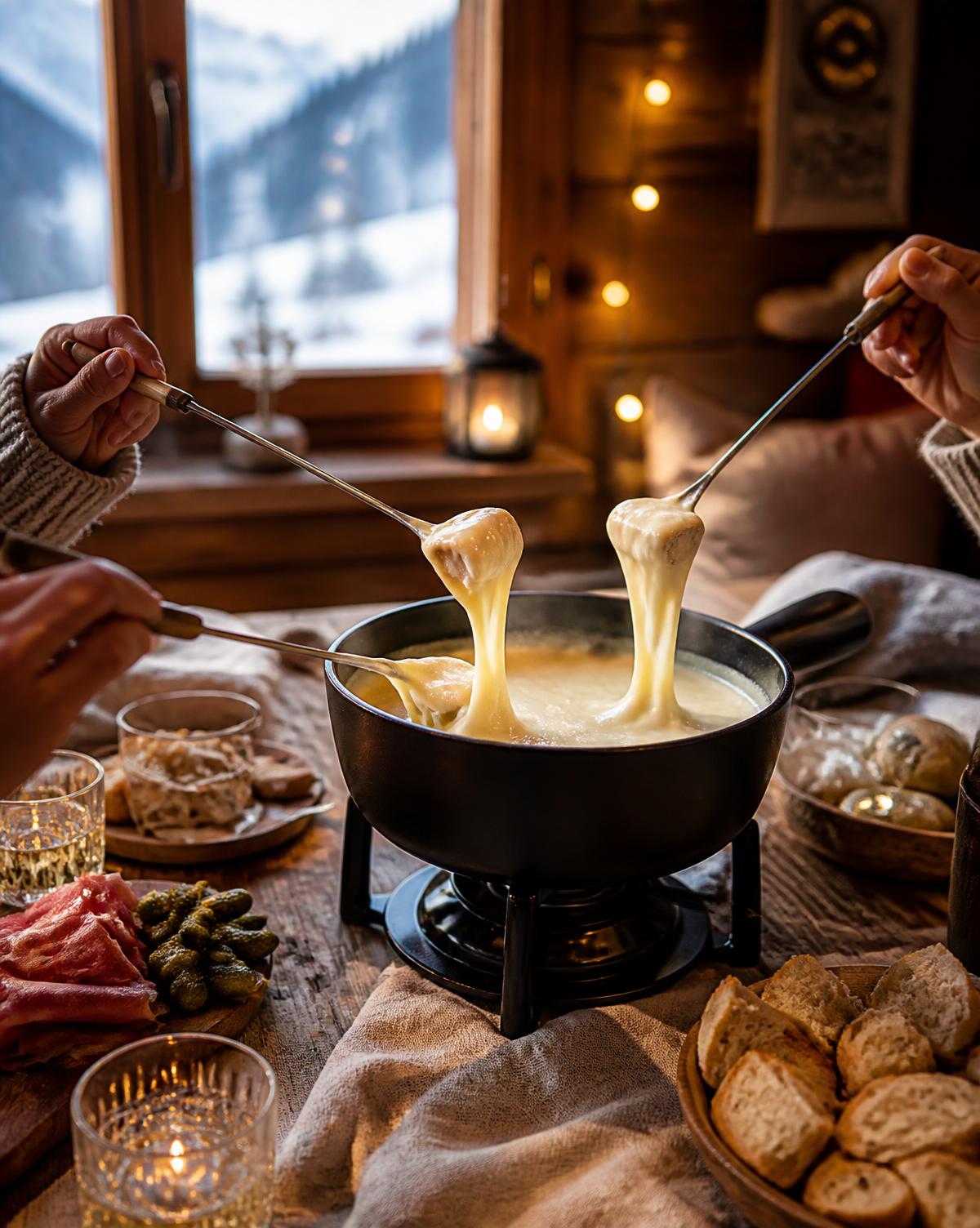 A pot of cheese fondue on a wooden table with hands dipping bread