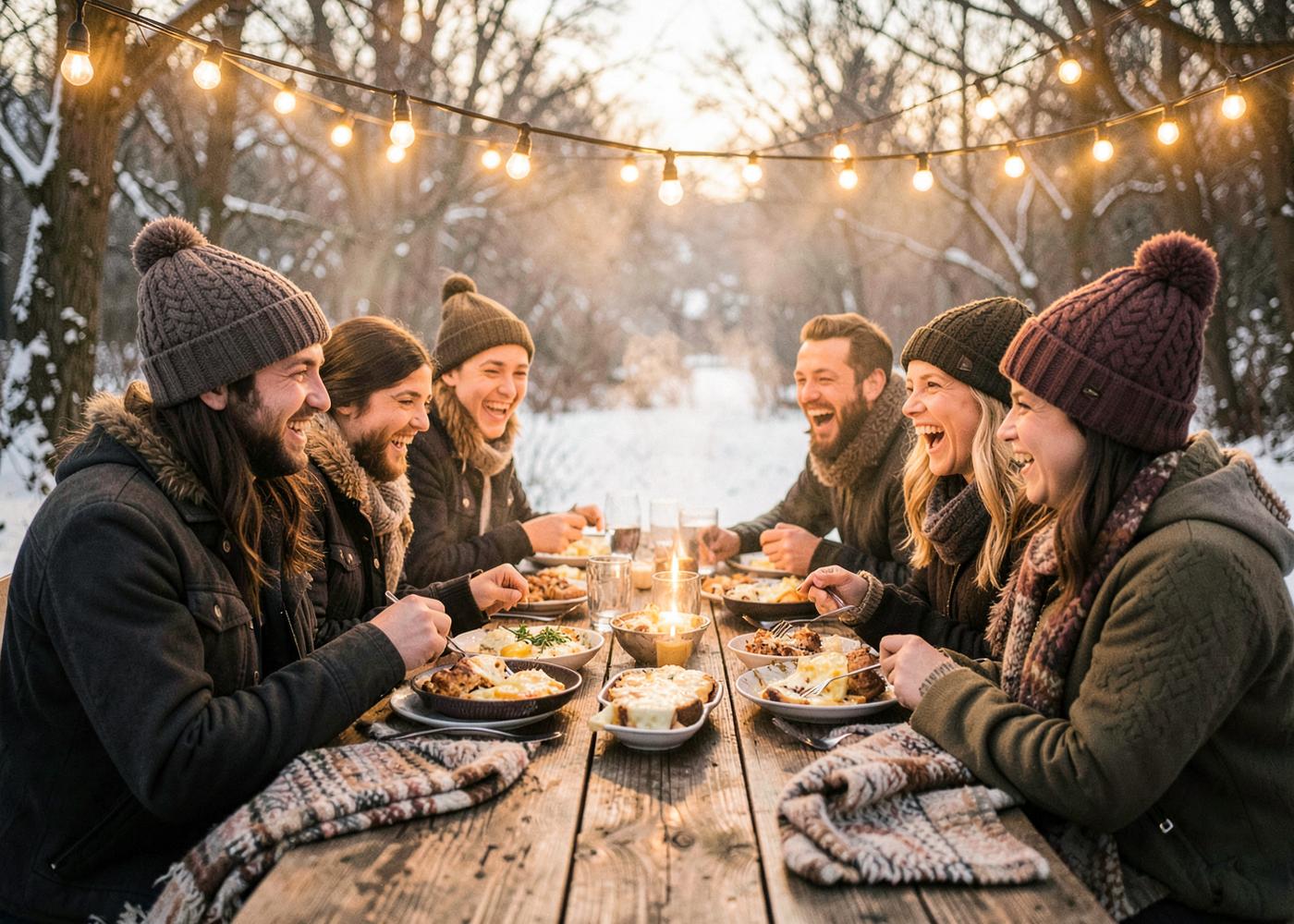 Friends laughing around a long wooden table under string lights in the snow