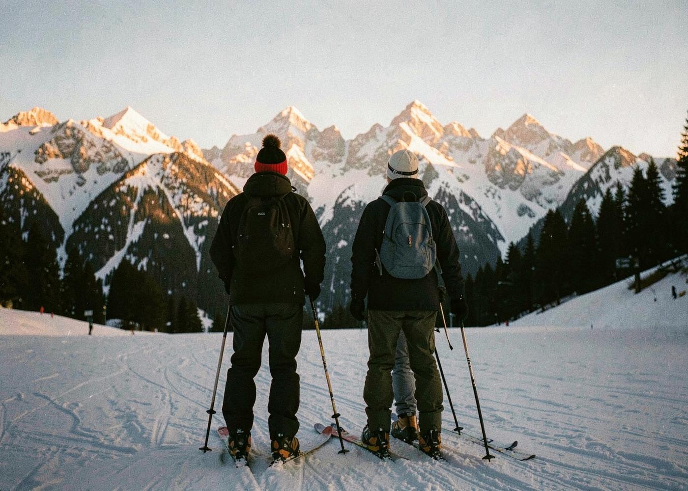 Two skiers pausing on a snowy piste in front of sunlit peaks